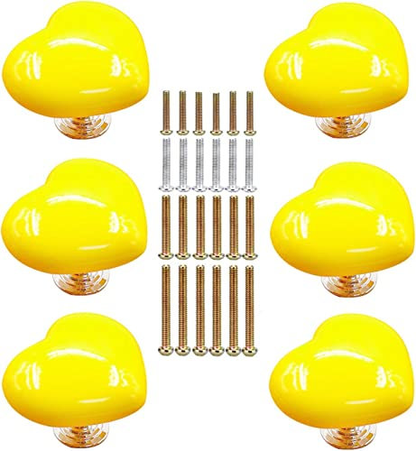 6 Pièces Bouton de Meuble en Céramique en Forme de Cœur - Boutons de Portes pour Placards - Poignée de Meuble Cuisine avec 4 Tailles de Vis, 38x32x32mm, Jaune
