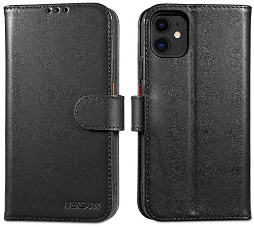 LENSUN Coque pour iPhone 11, Étui Cuir Véritable Portefeuille Housse [RFID Blocage] avec Rangements Cartes et Fermoir Magnétique Compatible avec Apple iPhone 11- Noir