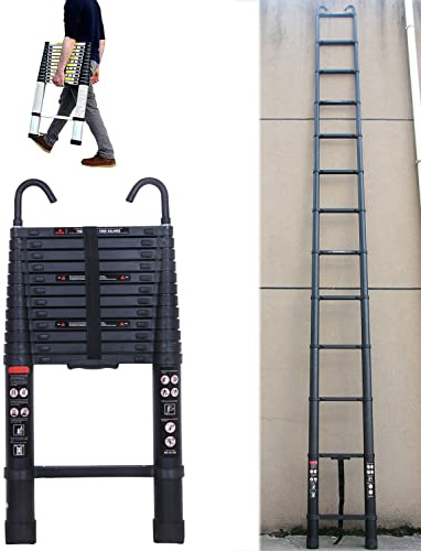 3,2m Teleskopleiter mit mit 2 Haken, 11 Sprossen, Aluminium Ausziehbar Leiter Tragbare Ausziehleiter Rutschfesten Mehrzweckleiter 150kg Tragkraft, EN131, Schwarz