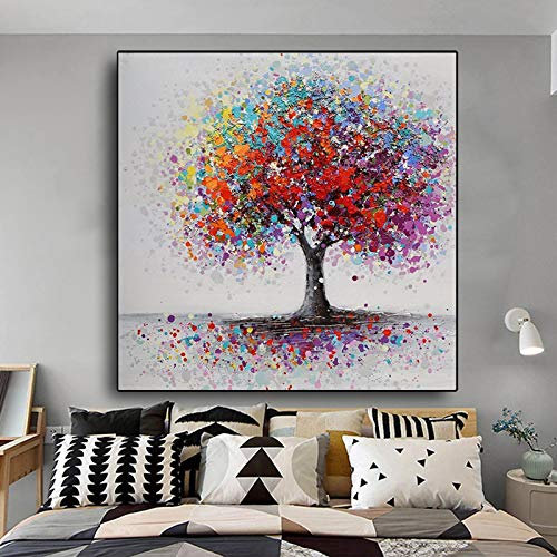 Gerahmte Drucke, Kunst, bunt, großer Baum, Gemälde auf Leinwand, Poster und Drucke, Cuadros, Wandkunst, Bilder für Wohnzimmer, 80 x 80 cm (31 x 31 Zoll) mit Rahmen
