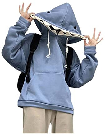 Mugoebu Damen Süßer Hai-Hoodie Langärmliger Kapuzenpullover in Kawaii-Tierhai-Form Übergroße ästhetische Sweatshirts für Teenager-Mädchen (Blue, Medium)