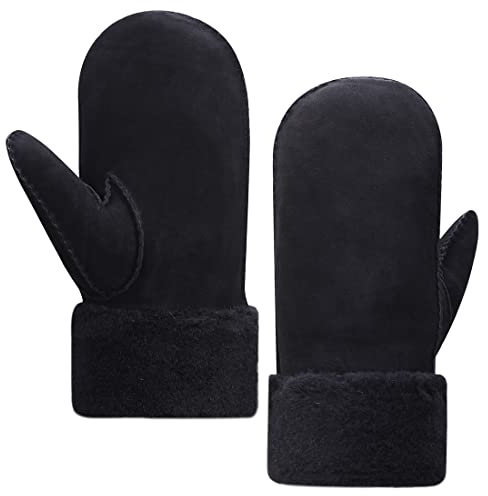 Harssidanzar Herren Winter Fäustlinge,Schaffell Shearling Beheizte Warme Pelzmanschetten Fäustlinge Für Winterkaltes Wetter KM042EU, Schwarz, Größe S