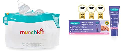 Munchkin Cool Touch Microwave Steriliser Bags, Pack of 6 Reusable Bags & Lansinoh HPA Lanolin Nipple Cream for Sore Nipple & Cracked Skin, 100% Natural Single Ingredient, 40ml