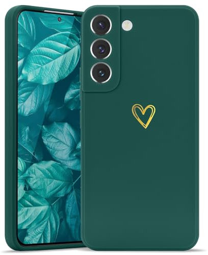 Wirvyuer Coque Compatible avec Samsung S22 Antichoc Coque Silicone TPU avec Motif Coeur d'amour Doré Mignon Étui Protection Complète Souple pour Samsung Galaxy S22 5G (Vert)