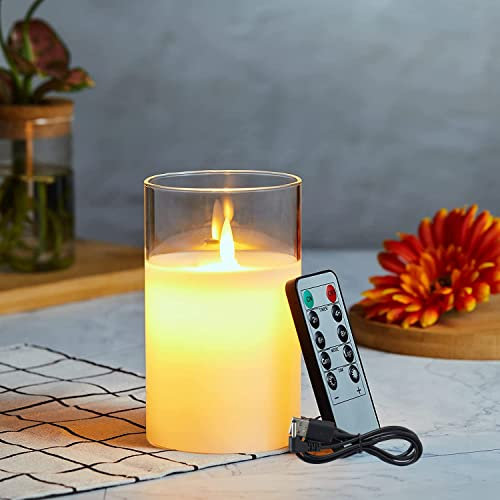 Wiederaufladbare LED Kerzen Mit Glas, Halloween Kerzen, Fernbedienung, Flammenlose Flackern, Outdoor Mit Timer 12.5cm, USB Ladekabel Inbegriffen - Weiß