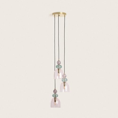 LEDKIA LIGHTING - Suspension Tri Baudelaire | Design Vintage | Métal et Verre | Câble Réglable | Ampoules E14 Non Incluses | Pour Intérieur: Salons, Chambres, Rose, Métal Verre