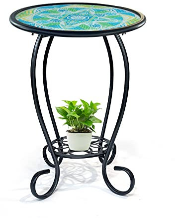 HONGLAND Mosaic Outdoor Side Table, 14 Round Patio Side Table, Mosaic Plant Stand, End Table W/Storage Shelf, Small Bistro Coffee Table for Garden Patio Porch Living Room(Green)
