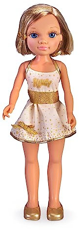 Nancy Gold Exclusiva, muñeca Rubia, Pelo Corto, mechas Brillantes, Vestido Blanco con Detalles y Accesorios Dorados, para niños y niñas Desde 3 años, Famosa (NAC55000)