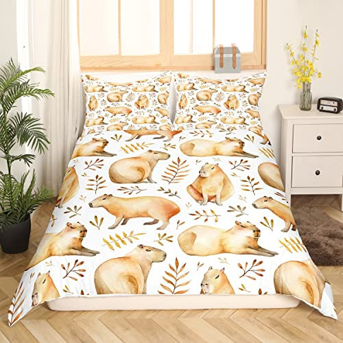 Capybaras Bettwäsche 155x220,Nette Capybara Bettbezug für Kinder Teens Erwachsene,Lustige Tiere Bettwäsche Set Capybara Liebhaber Home Decor,Aquarell Botanische Blätter Bett Set mit 2 Kissenbezüge