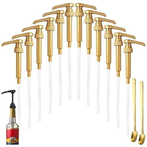12 Pcs Syrup Pumps Dispenser, Compatible with 25.4 Oz/750ml Bottles, Great for Home & Coffee Bar Drinking Mixes, Tea, Beverage, Cocktails, Plus Spoons(Gold 5.23)