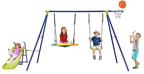 GOPLUS 4-in-1 Kinderschaukel Set, Metall-Schaukel-Set mit Rutsche Basketballkorb, Verstellbarer Nestschaukel & Gurt-Schaukel, Outdoor-Kinder-Schaukel-Set für Garten Spielplatz, 3-12 Jahre alt