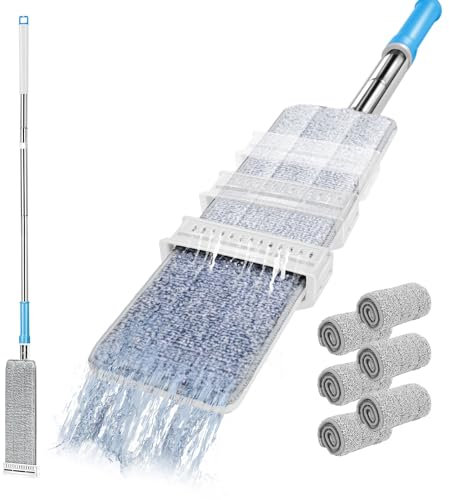 HEVOL Balai Serpillère avec Fonction Essorage, Balai Serpillère en Microfibre avec 6 Tampons et Télescopique Poignée en INOX, Serpillère Plate à Rangement Debout pour Nettoyage des Sols, Marbre