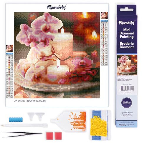 Figured'Art Mini Diamond Painting Erwachsene 25x25cm Ganze Leinwand gerollt Orchideen und Kerzen 5D Bilder Runde Steine - DIY Set Basteln