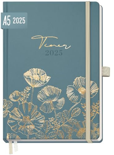 Häfft® Wochen-Notiz-Kalender 2025 A5 Blue Poppy Buchkalender, Terminplaner Notiz-Timer, Wochenkalender, Organizer, Terminkalender mit Einstecktasche - nachhaltig & klimafreundlich