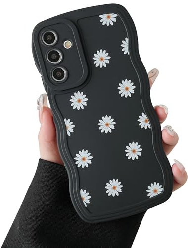 ZTOFERA Hülle für Samsung Galaxy A15 5G/4G, Niedliche lockige Wellen Rahmenform Gänseblümchen Muster Silikon Handyhülle, Flexible Stoßfeste Schutzhülle für Samsung A15 - Schwarz