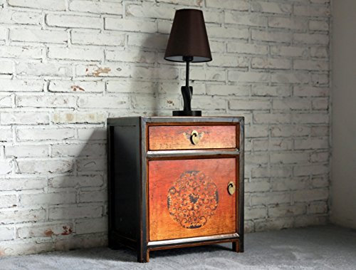 OPIUM OUTLET Möbel Nachtkästchen Nachttisch Nachtkommode Nachtschrank Schrank Kommode Vintage chinesisch asiatisch orientalisch handbemalt Holz komplett montiert orange-schwarz
