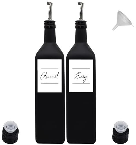Ölflaschen mit Ausgießer zum Befüllen aus Glas 1000 ml - Edelstahl-Ausgießer - wasserfeste Etiketten - Deckel und Trichter - Olivenöl, Essig