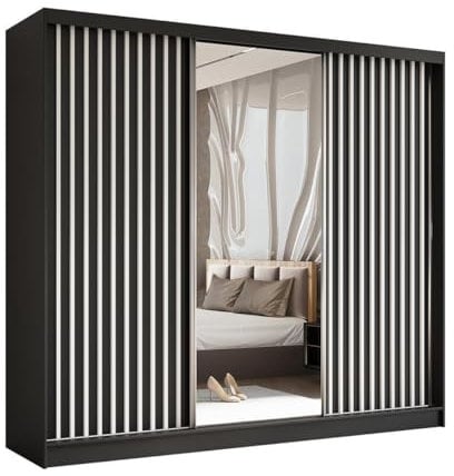 BEAUTY SOFA Helix - Schrank mit Spiegel - Kleiderschrank mit Schiebetüren und Lamellen - Garderobenschrank, Mehrzweckschrank, Flurschrank - 240cm breit - Schwarz & Lamellenfarbe Weiß