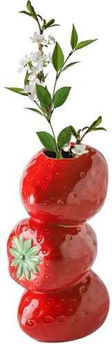 LEMCC Erdbeervase, Niedliche Keramik-Apfelvase, Flippige Zitronenvase, Vintage-inspirierte Obstvase, Dekorative Hohe Vase, Blumenarrangement für(Rot)