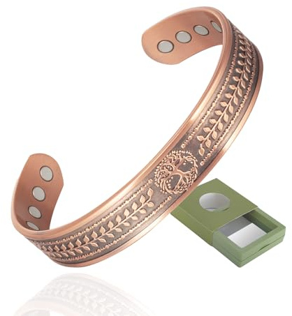 YINOX Bracciale magnetico in rame super forte per uomini e donne, classico braccialetto retrò con albero della vita, include 8 magneti NdFeB di grandi dimensioni e confezione regalo di alta qualità