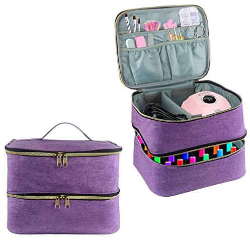 Nail Polish Carrying Case, Double-Layer Nail Polish Storage Bag- Fits Nail Dryer Lamp and 30 Bottles(15ml/0.5 fl.oz), Organizer Bag with Adjustable Dividers for Manicure Set (Purple)