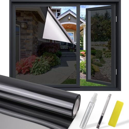 UIOK Film Fenêtre Anti Regard, Film Occultant Fenêtre Gris Foncé Film Miroir pour Fenêtre, Film Anti Chaleur 45 * 400cm Anti-UV Film de Protection Solaire Autocollant pour Fenêtre Maison Bureau