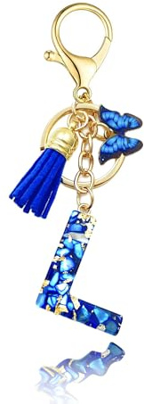 Baofuwan Schlüsselanhänger mädchen Frauen Buchstabe Schlüsselanhänger key chain mit Anfangsbuchstaben Schmetterling Quaste Rosa Blau Golden für Geldbeutel Handtaschen Schultasche