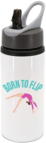 Born to flip green text with girl doing gymnastics in pink outfit water bottle with handle, drinks bottle, drinks cup, gymnastics, sports, tumble, tumbling, flips, flipping, flexible