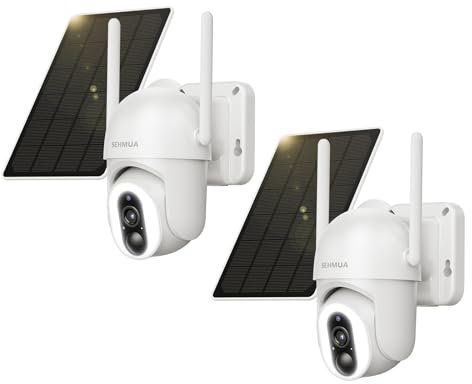 SEHMUA 2K Überwachungskamera Aussen Akku WLAN, 360° PTZ Kamera Überwachung Aussen Solar mit PIR-Erkennung 12 LEDs (500-Lumen), 2-Wege-Audio, Farbige Nachtsicht, IP66 Wasserdicht, 2 Stück