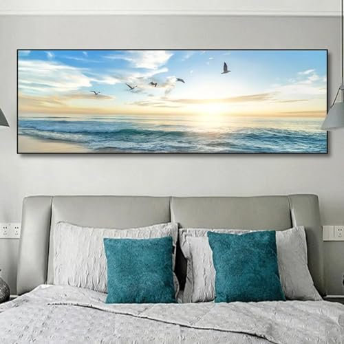 LSYALUCK Grand paysage impression sur toile peinture salon mer lever du soleil mouettes volantes paysage affiches pour la maison mur art décoration 40x120 cm (16x47in) sans cadre