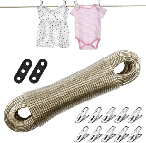 LPAMABA Set di Corda per Stendere Bucato da 2MM*50m,Filo per Stendere Biancheria con Anima in Acciaio,Filo Stendibiancheria per Balcone con 2 Pz Bottoni e 10 Pz Mollette per Interni
