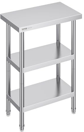 VEVOR Lebensmittel-Zubereitungstisch Edelstahl, Arbeitstisch für gewerbliche Küchen, mit 2 verstellbaren Unterregalen, 356 x 610 x 864 mm Zubereitungstisch aus Metall für Grill, Küche, Zuhause