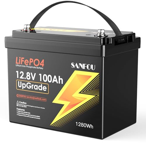 SANFOU 12V 100Ah UpGrade LiFePO4 Batteria, Più Piccola Batteria Litio con BMS 100A, Max. 1280Wh, Batteria a Ciclo Profondo fino a 15000 per Camper, Motore da Pesca alla Traina, Casa Solare, Campeggio