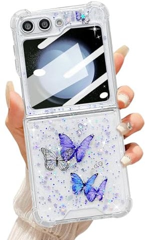 UEEBAI Case for Samsung Galaxy Z Flip 5/6/7 FE, Pretty Bling Butterfly Glitter Case for Women Cute Shiny Sparkle Phone Case for Girls Butterfly Cover Shockproof Slim Fit Case - Purple