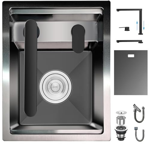 Nascosto Lavandino Bar Cucina con Rubinetto Pieghevole, Lavandino Bar a Vasca Singola Sottopiano in Acciaio Inossidabile Nascosto per Piccole Cucine Bar RV (Black B, 30x45x22CM)