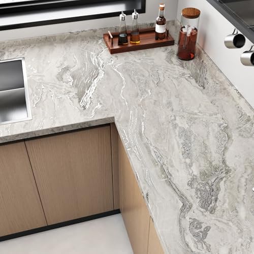 HotDecor Cream Marble Wallpaper Kitchen Worktop Covering Vinyl Self Adhesive Beige Silver Wallpaper Matte Marble Vinyl Wrap for Kitchen Counter Sticky Back Wallpaper Marble Contact Paper 40cm X 200cm