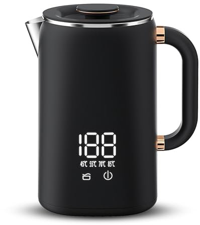 Septpenta 1.7 Liter Large Capacity Electric Kettle, 1500W Stainless Steel Digital Display Boiler, 5 Levels of Temperature Control, Double Layer, for Kitchen Home Office (UK plug)