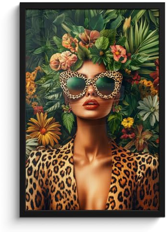 MuchoWow© Wandbilder mit Rahmen Wanddeko Bilder Wohnzimmer Moderne | 40x60 cm - Zimmerdeko Geschenk Bilderrahmen Frau - Pantherdruck - Dschungel - Natur - Luxus