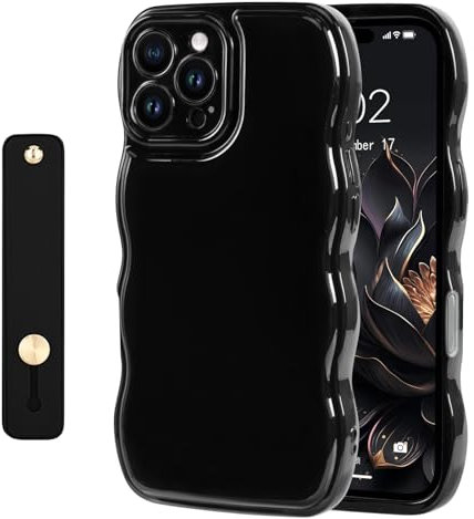 NITITOP Compatible with iPhone 16 Pro Max Case Cute Simple Wave Design Stylish Wavy Curly Frame with Wrist Adjustable Hand Strap Kickstand Grip Holder Soft Silicone Protective Cover-Black