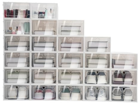 Owneed 24 Stück Schuhkarton stapelbar faltbar Kunststoff klar Lagerung Box mit Deckel für Männer/Frauen, Schuhkarton Aufbewahrungsbox, Schuhbox, 33 x 23 x 14 cm