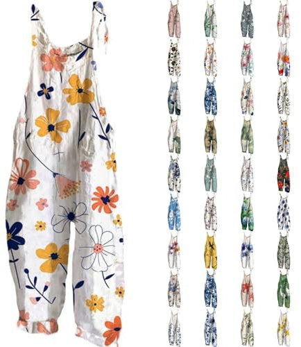 EMUKFD Salopette da donna UK gamba larga Boho stampa tuta floreale vestibilità ampia tutina cotone lino estate spiaggia senza maniche tutine salopette salopette tuta traspirante ampia casual vacanza