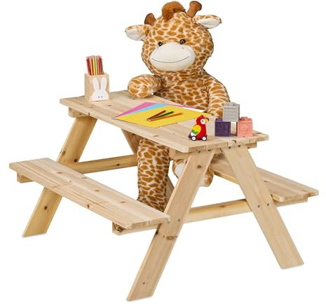 Relaxdays Kindersitzgarnitur Garten, Picknickbank, HBT: 51 x 90 x 78 cm, Kindersitzgruppe für 4 Kinder, Holz, Natur