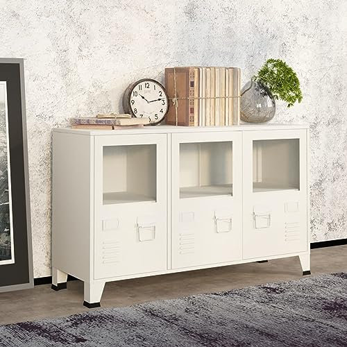 Gecheer Industrial Sideboard Weiß 105x35x62 cm Metall und Glas, Kommode Anrichte Schrank Beistellschrank Mehrzweckschrank Standschrank Bücherschrank Lagerschrank/ 339609