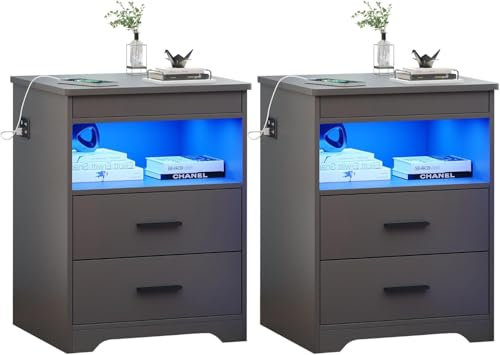 FREDEES LED Nachttisch 2er Set mit Verstecktem Schublade, Nachttisch mit Ladestation und 3 Farben Menschensensorlichter, Moderner Nachttische mit Stauraum Grau