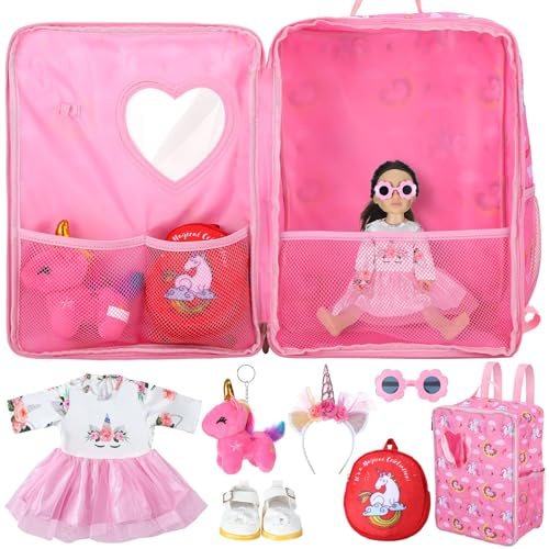 Wettarn 18 Inch Doll Carrier Set with Clothes and Accessories Including Doll Travel Bag, Dress, Shoes, Sunglasses, Backpack and Unicorn for Unicorn Birthday Gift (Cute,Red)