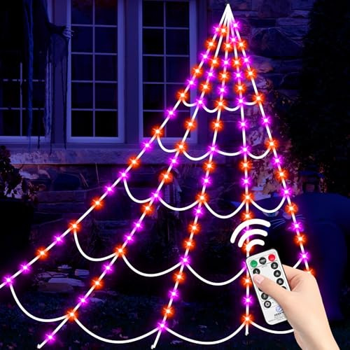Bswalf Halloween-Spinnennetz: 4,8 m 150 LEDs, groß, leuchtet im Dunkeln, Halloween-Outdoor-Dekoration, riesiges beleuchtetes Netz-Dekor für Haus und Hof