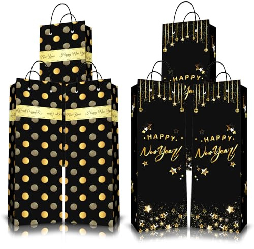 Happy New Year Bottle Bags Wine Carry Bag,Black Gold Gift Bags for Wine,Wine Bottle Gift Bag Multipack Kraft Paper WineBags with Rope Handle,New Year Eve BottleBags for Wines,Whiskey,Spirits,Champagne