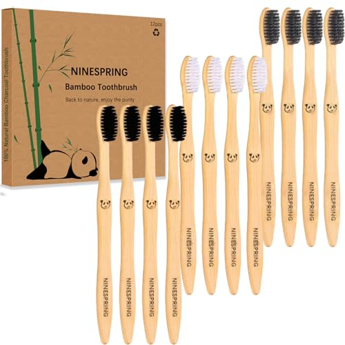 NINESPRING 12 stycken bambutandborstar mjuka borst, naturlig trätandborste, 100 % BPA-fri, biologisk nedbrytbar koltandborste, vegansk och miljövänlig handtandborste