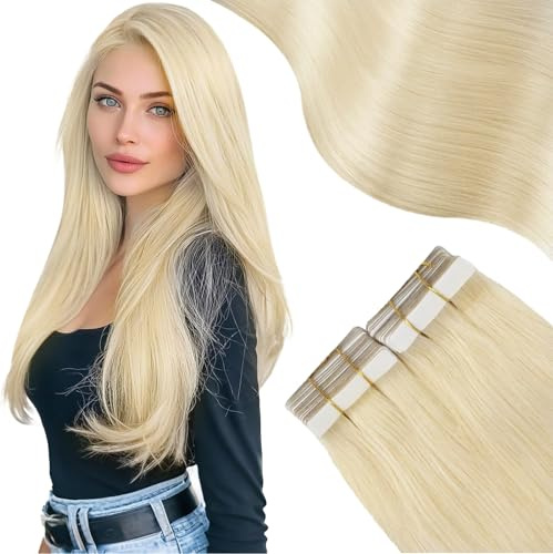 Moresoo Tape in Hair Extensions Human Hair Platinum Blonde Invisible Skin Weft Glue in Extensions 24 Inch 20pcs 50G #60