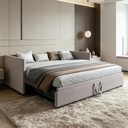 Schlafsofa 90/180 x 200 cm, Tagesbett Ausziehbar, 2-Sitzer-Sofa mit Lattenrost, Polsterbett mit Bettkasten,Ausziehbett Doppelbett für Erwachsene, Grau Samt(ohne Matratze) (Grau, 90/180 x 200 cm)